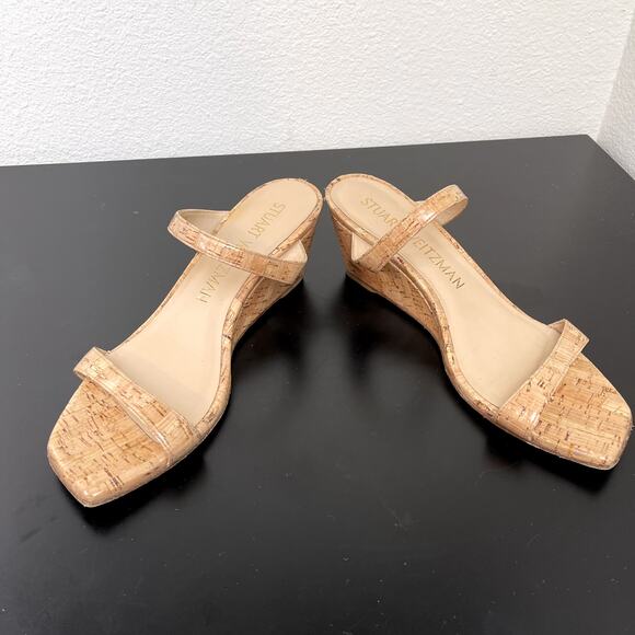 Stuart Weitzman Cork Wedge Sandals 9.5 Women’s Slip-On Strappy Nude Summer Heel - Picture 8 of 10